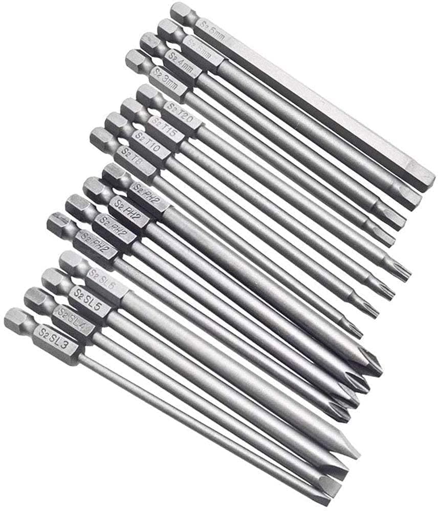 16pcs 1/4" Hex Shank (100mm/ 4 Inch) Long Magnetic Screwdriver Bits Set, Hex Head Allen Wrench, Torx Security, Cross Phillips & Flat Head Slotted Tip Bit
