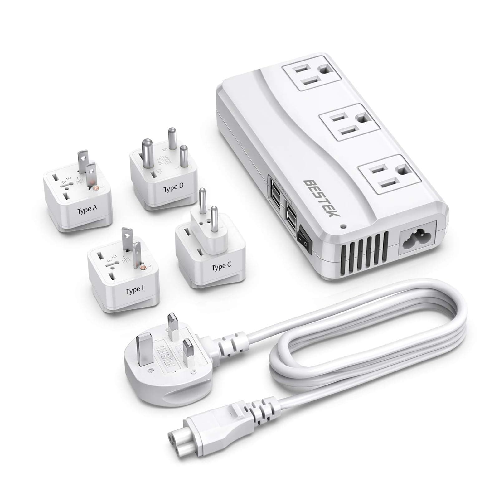 BESTEK Universal Travel Adapter 100-220V to 110V Voltage Converter 250W with 6A 4-Port USB Charging 3 AC Sockets and EU/UK/AU/US/India Worldwide Plug Adapter (03 UK Plug White)