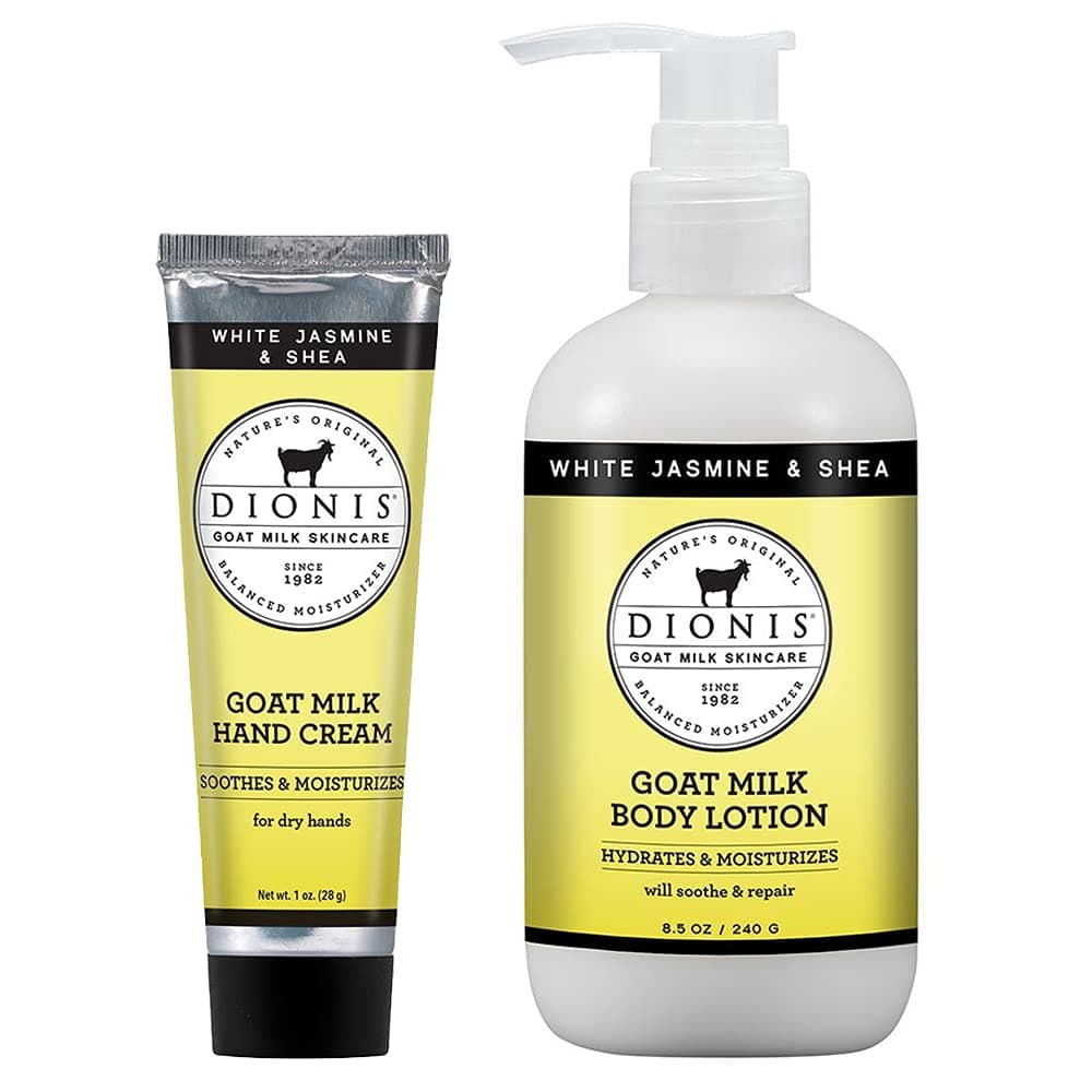 Dionis - Goat Milk Skincare White Jasmine & Shea Scented Hand Cream & Lotion Set (1 oz and 8.5 oz) - Made in the USA - Cruelty-free and Paraben-free