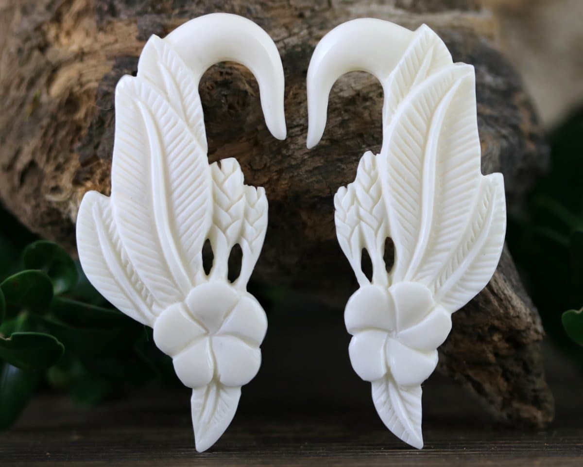 1G Stretchers - Tribal Body Jewelry, Bone Carvings 0 Gauge Earrings - Beautiful Floral and Feather Design