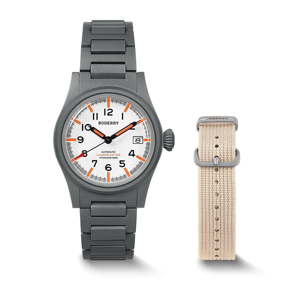 Men's 38mm Titanium Watch, Automatic, Military, Day/Date Function, 100M Waterproof, Nylon Strap, Japanese NH35 Movement, Screw-Down Crown — LANDMASTER