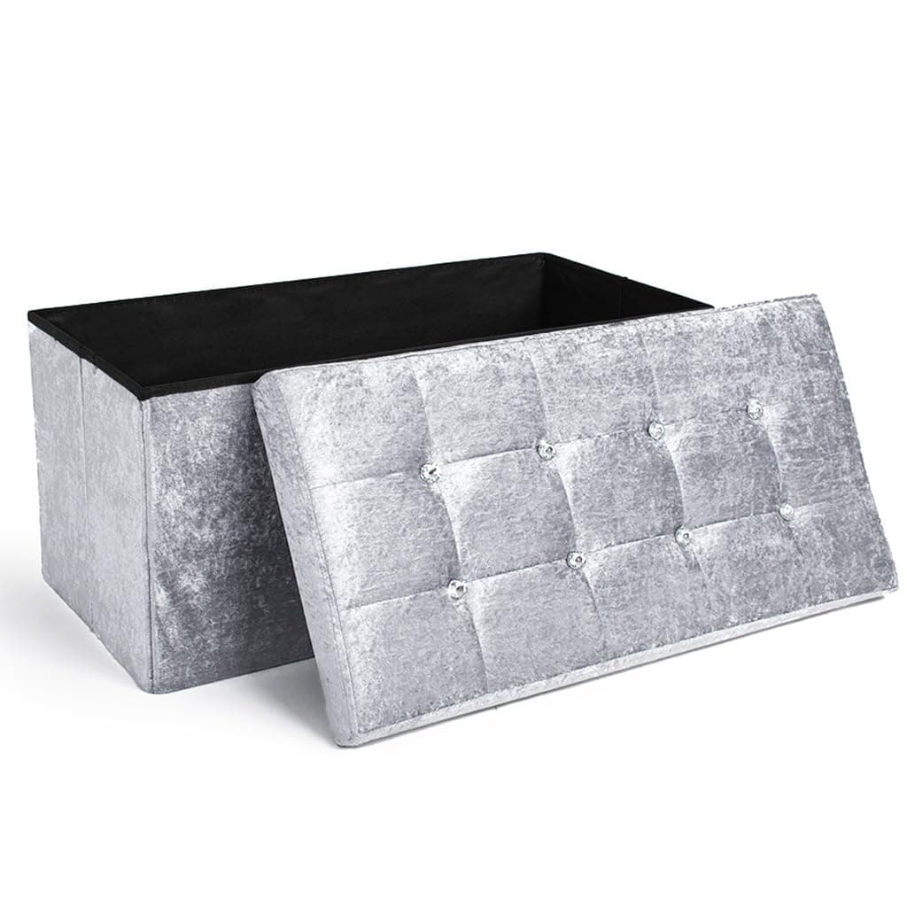 Ashley Mills New Large Ottoman Foldaway Storage Blanket Toy Box Bench Twill Linen with Buttons Lt Grey/Slate Grey (76x38cms Crushed Velvet Silver)