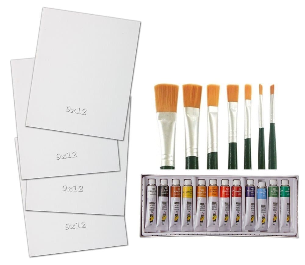 Rangdaar Complete Painting Kit -4, 9"X12" Size Canvas Board, Acrylic Colors & Paint Brushes Set