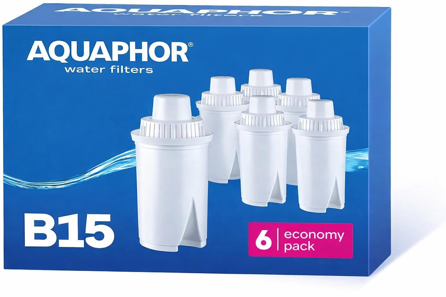 AQUAPHOR B15 Universal Replacement Water Filter cartridges, fits All Brita Classic and Wilkos Universal Water Filter Jugs, 6 Pack, 170l per Filter