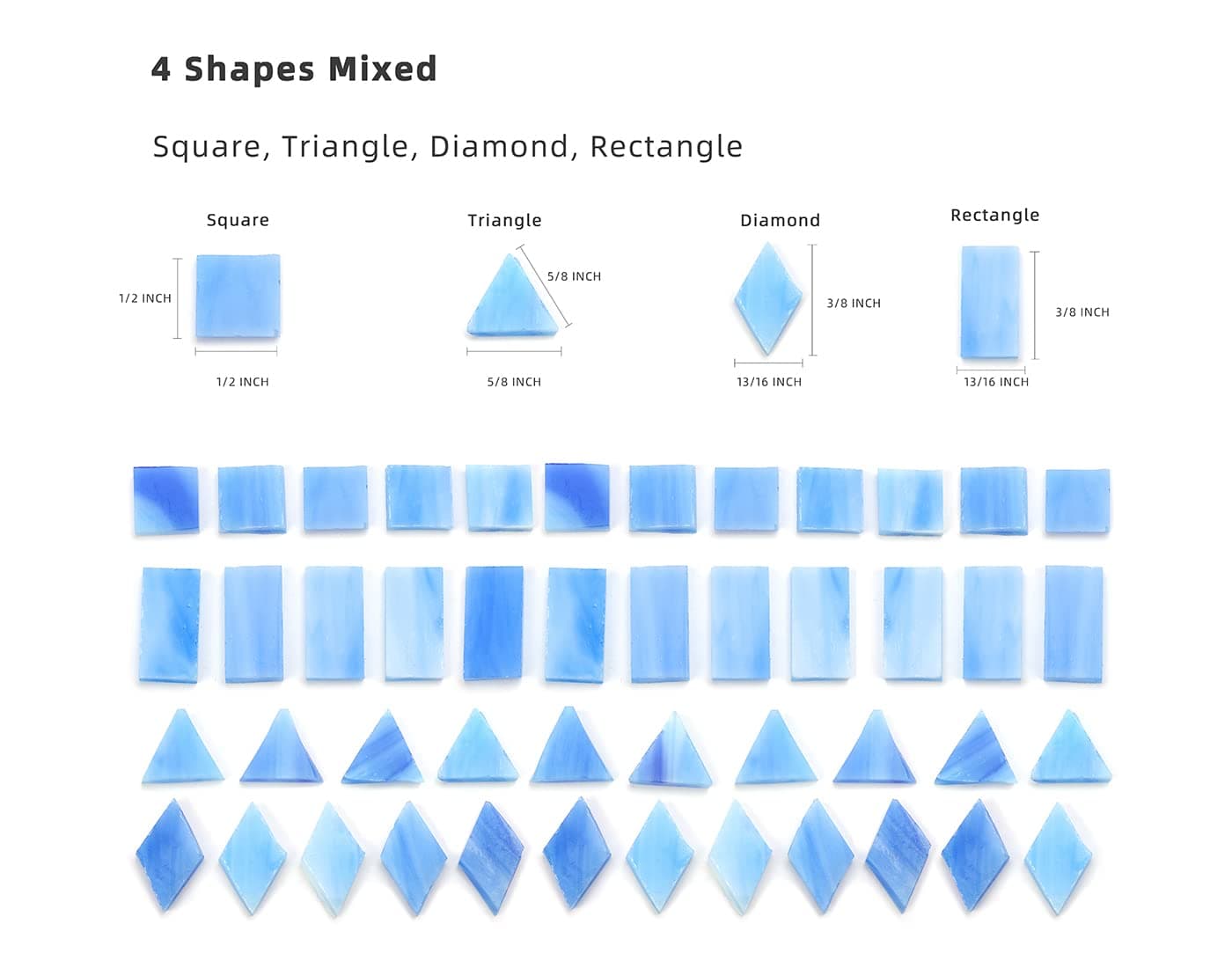 Lanyani 200pcs Glass Mosaic Tiles - Mixed Colorful Shapes: Square, Rectangle, Diamond, Triangle - Ocean Blue