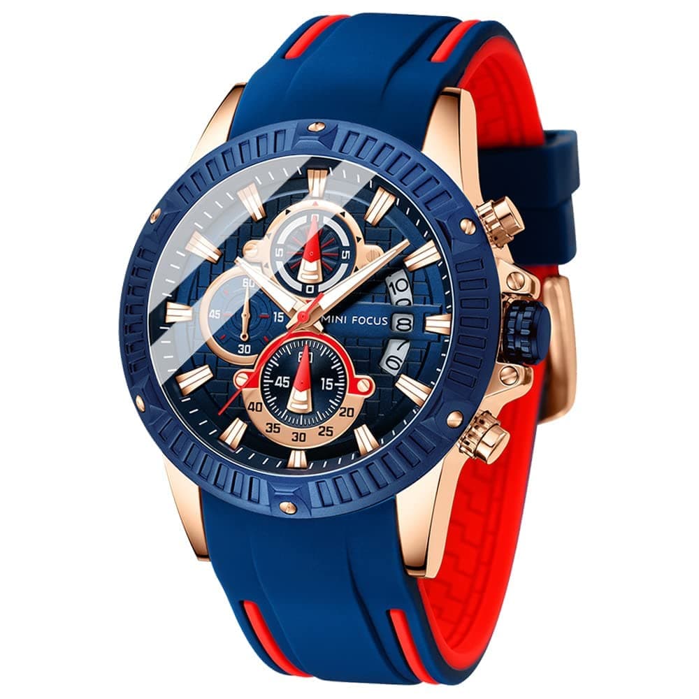 Men Watch, Chronograph Waterproof Sport Analog Quartz Watches Blue Silicon Strap Fashion Wristwatch for Men