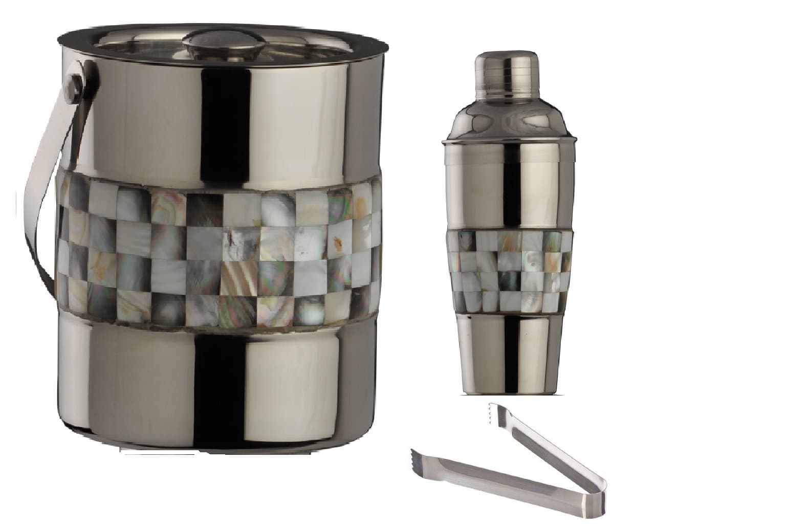 Stainless Steel Double Walled Ice Bucket Cocktail Shaker and Tong Mother of Pearl (MOP) Black and White finish 3 Piece Barware Set