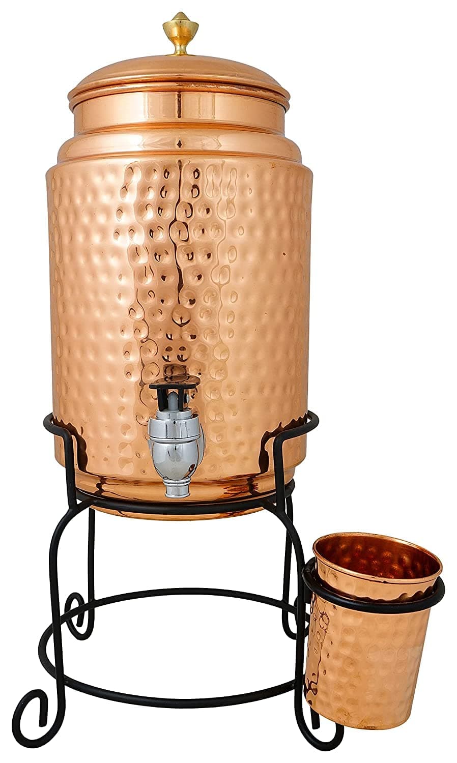 5 Litre Hammered Water Dispenser (Matka/Pot/Dispenser/Water Cooler) Container Pot with 1 Copper Glass and Stand (5000 ml)