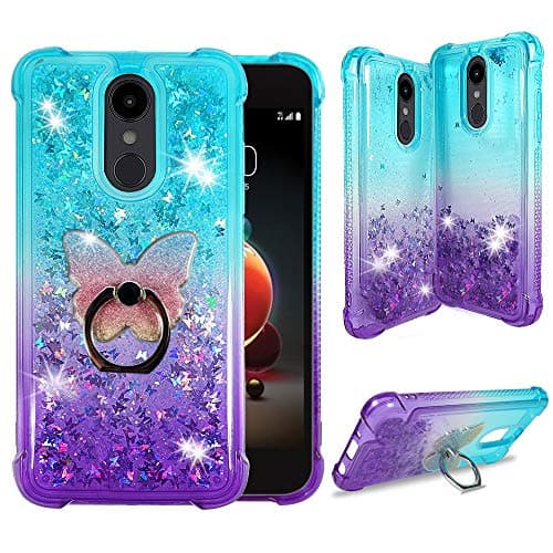 Zase Design Case for LG Stylo 5, Stylo 5V, Stylo 5X, Stylo 5 Plus Liquid Glitter Bling Cute Protective Cover 3D Waterfall Floating Butterflies Quicksand w/Phone Ring Holder (Gradient Aqua Purple)