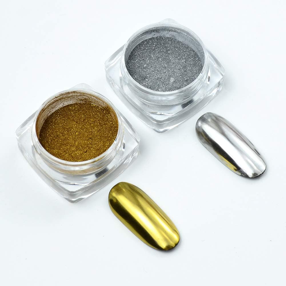 Metallic Chrome Powder, 2 Jars Nail Art Mirror Glitter Effect Pigment Dust Gold Silver Nail Powder Manicure Tips With Sponge Applicators