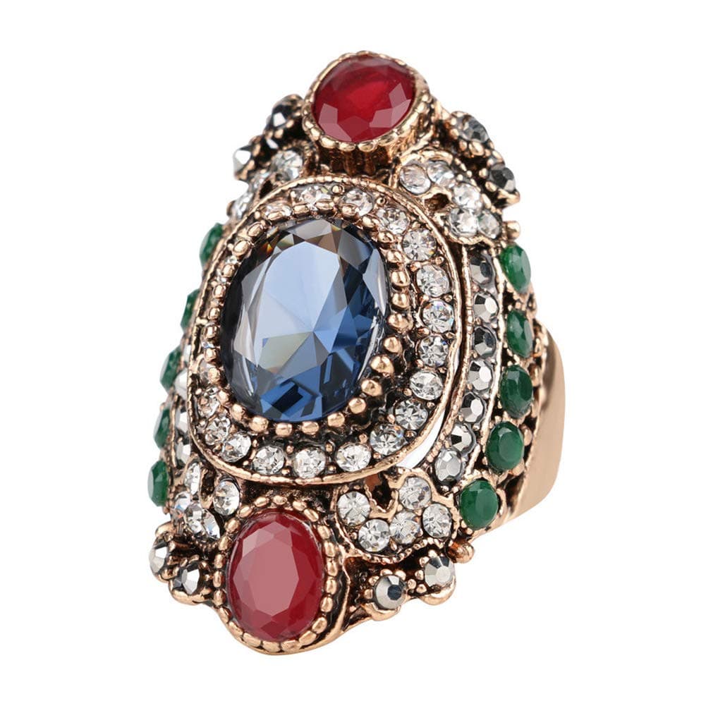 Women Ring - 40mm Big Size Antique Gold Plated Turkish Style Multi-colored Gemstone Ring Women Jewelry
