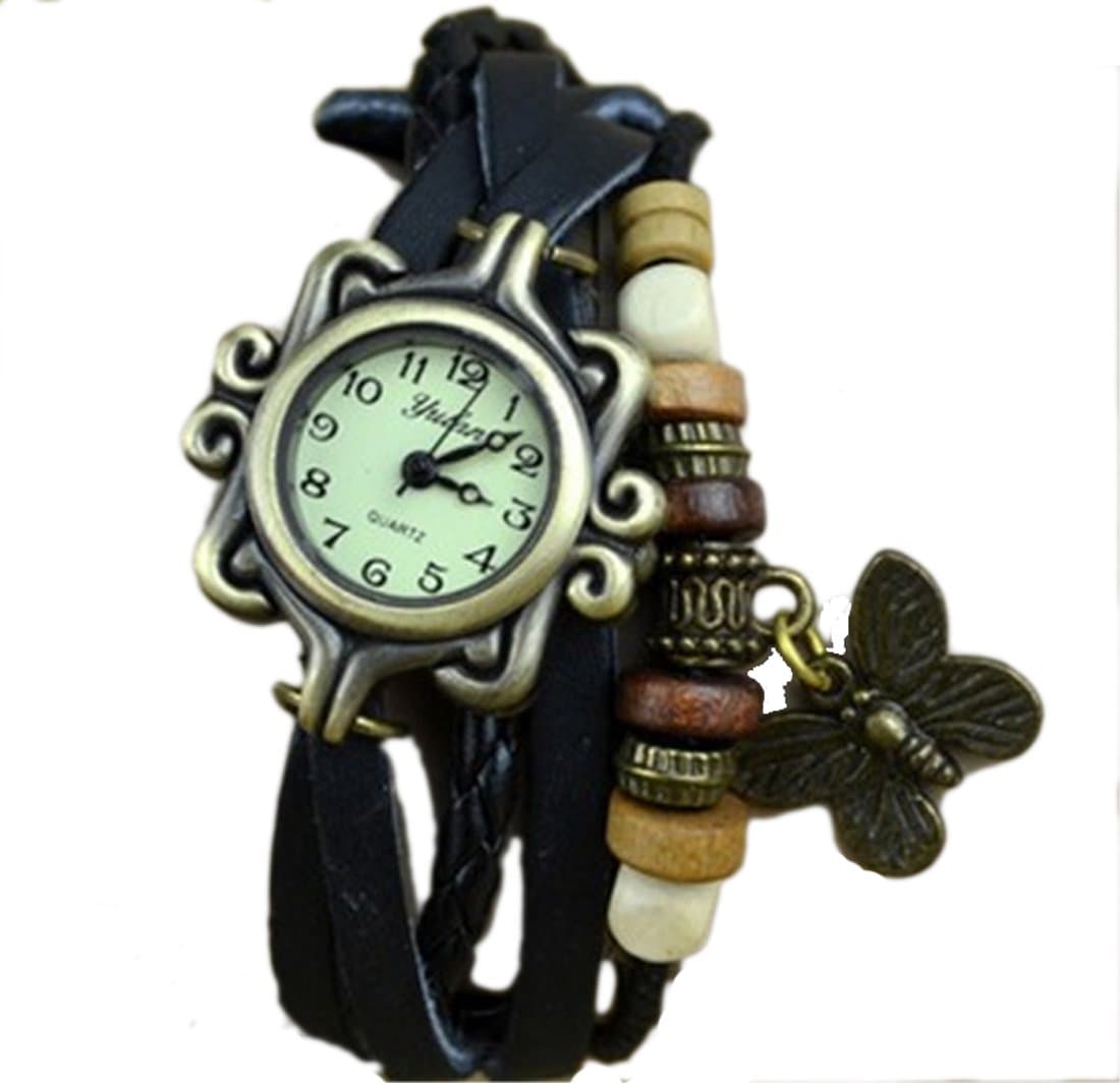 Boho Chic Vintage Inspired Bracelet Leather Rope Watch with Butterfly (Black)
