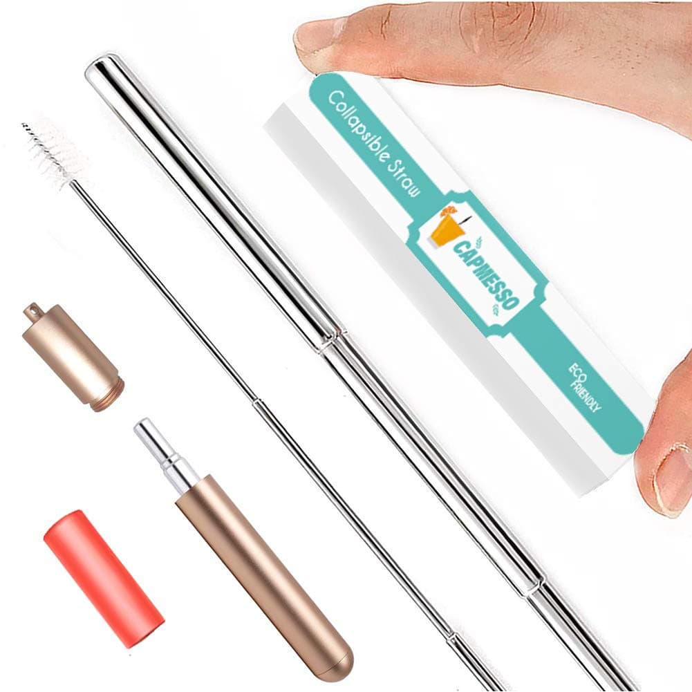 Reusable Collapsible Straws, CAPMESSO Portable Metal Straws Stainless Steel Drinking Straws Premium Food-Grade Foldable Straw with Silicone Tip & Cleaning Brush & Aluminum Case& Keyring