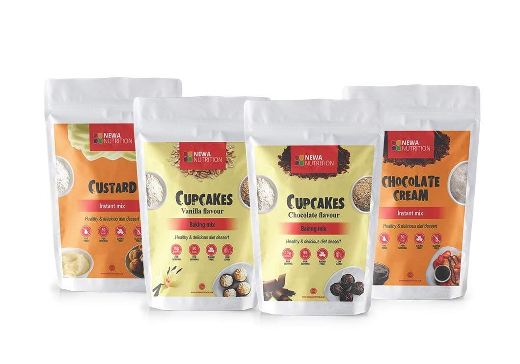 Newa Nutrition Cupcake, Cream Mix and Custard- Plus Unique Fridge Magnet for FREE- Vanilla and Chocolate cupcakes with Chocolate cream and Custard (Pack of 4)