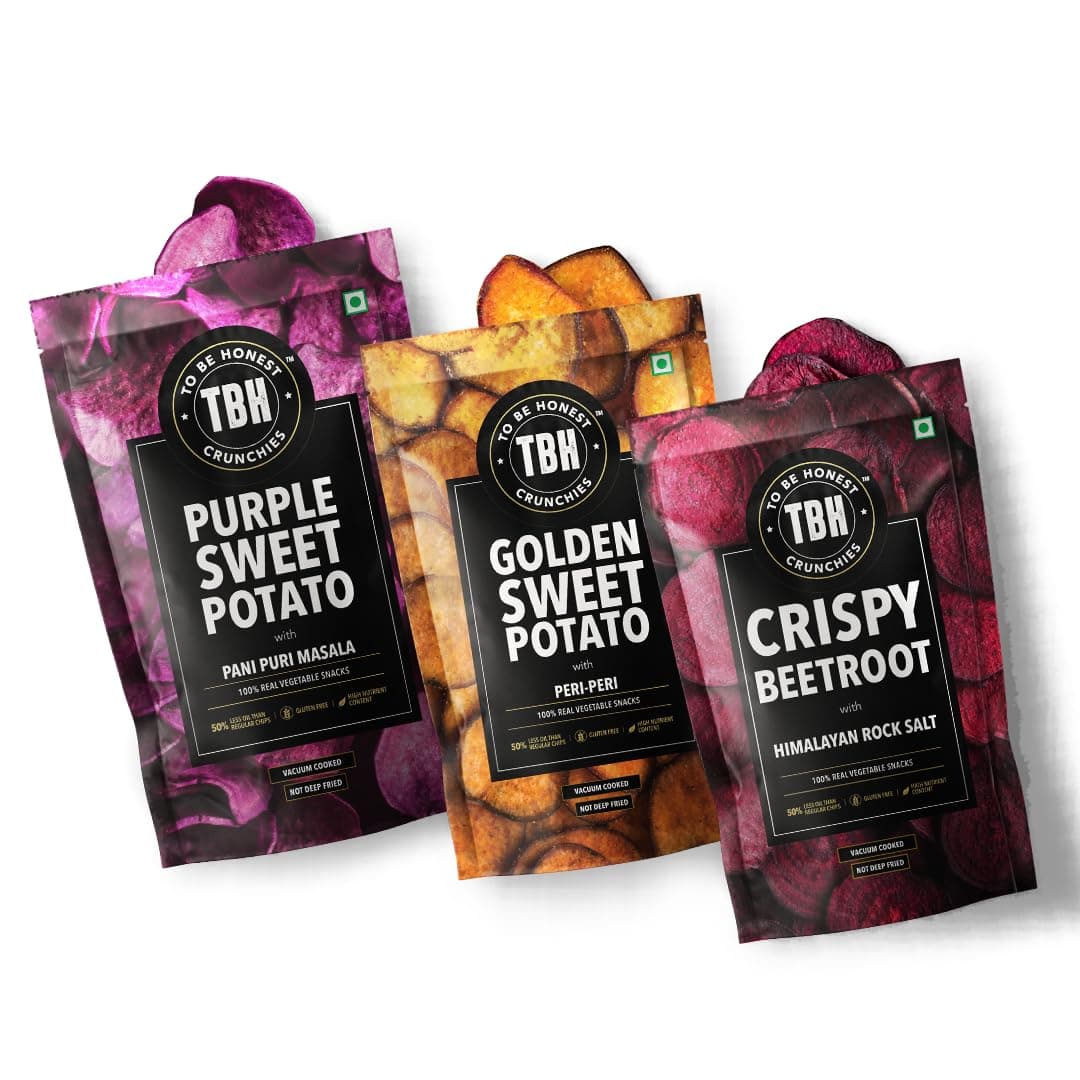 TBH - To Be Honest Vegetable Chips Crunchies | Beetroot, Golden Sweet Potato, Purple Sweet Potato Chips | Gluten Free | Vegan Friendly Snack | Low Fat | 50% Less Oil | No Preservatives - Pack of 3(175 GM)