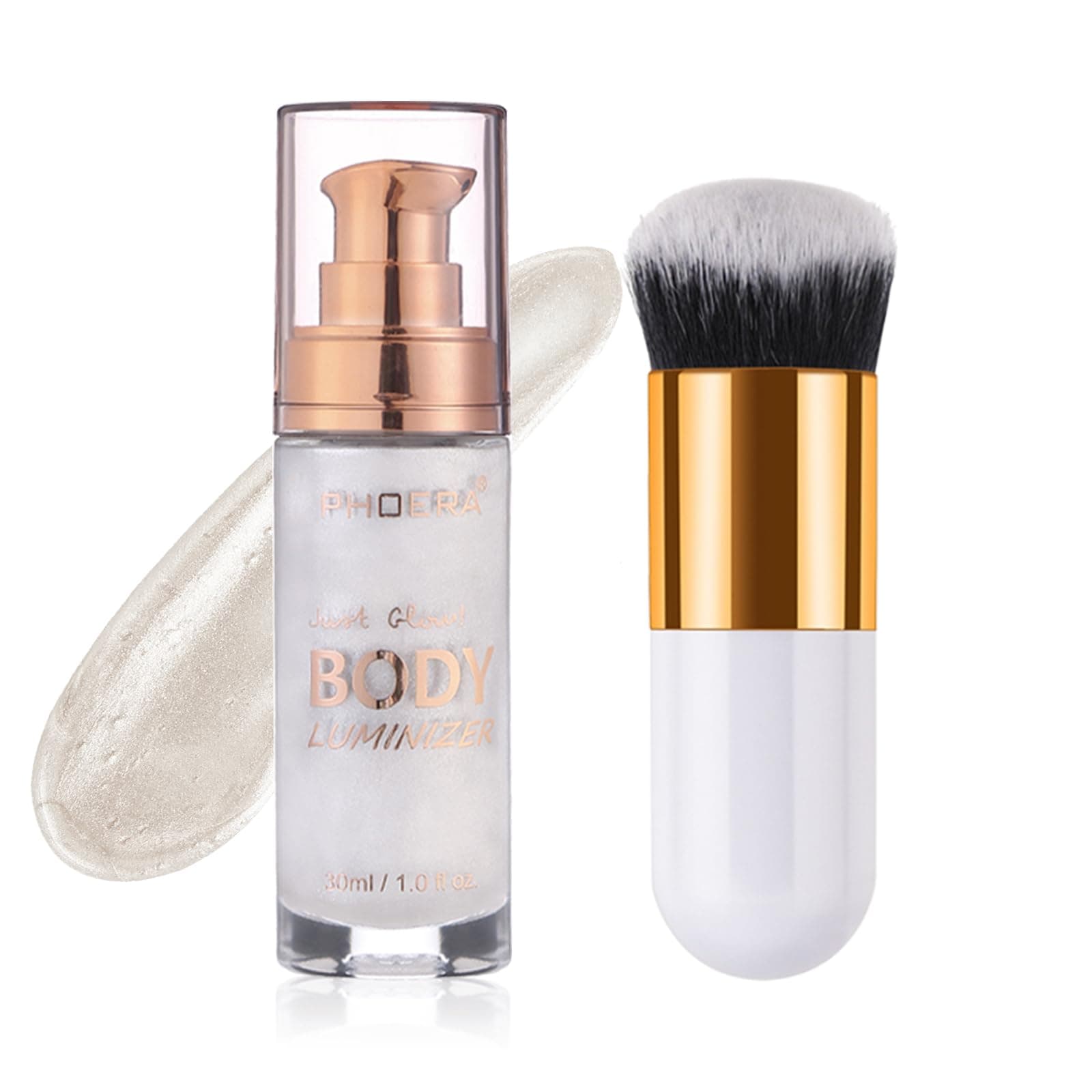 Body Shimmer Oil, Diamond Platinum Natural Glow Luminizer, Long Lasting Moisturizing Liquid Illuminator Highlighter Makeup for a Sun-Kissed Glow, Brush Include, 1oz, Light Fair