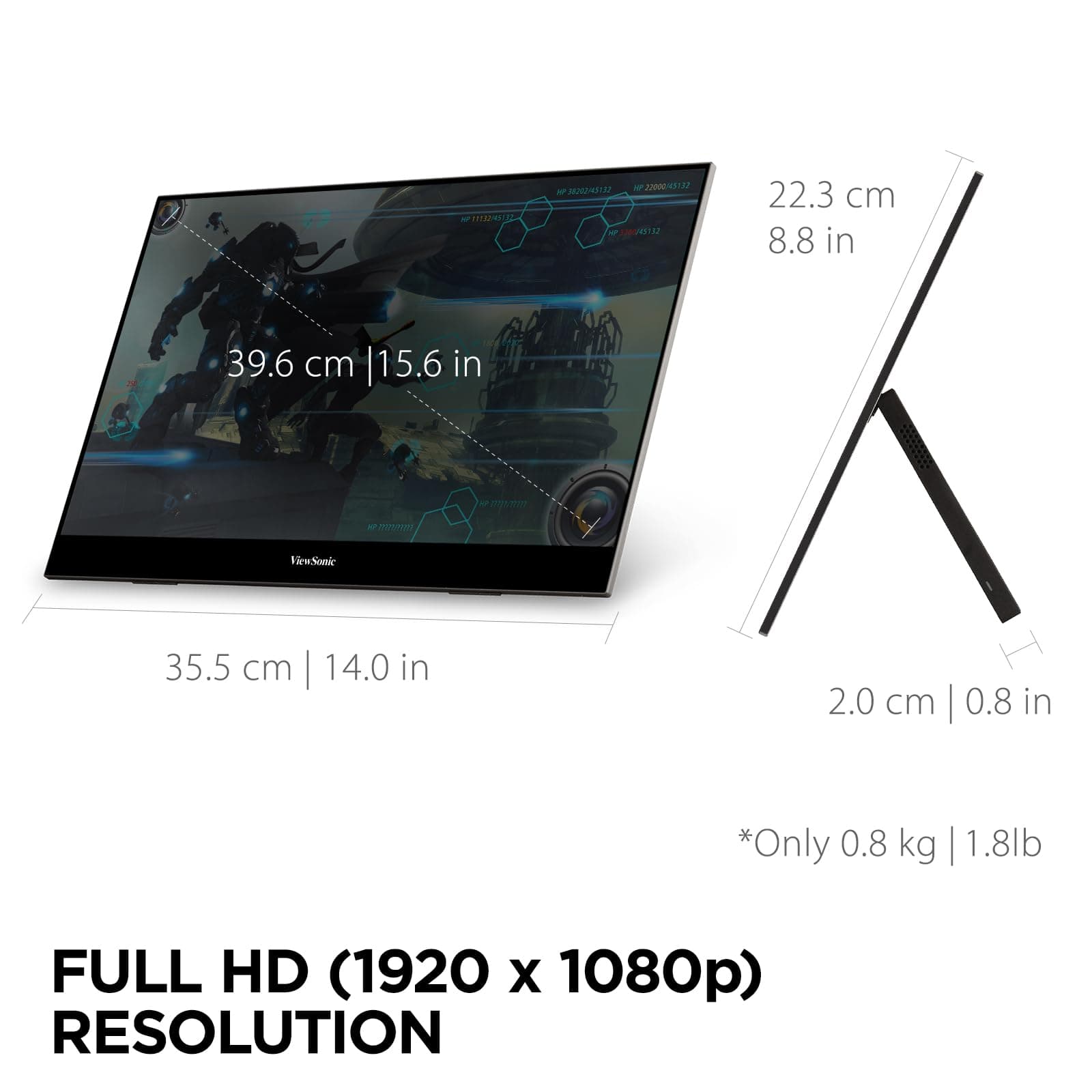 ViewSonic VX1655 15.6" 1080p FHD Portable LED IPS Monitor with 2-Way Power 60W USB C, Mini HDMI, Dual Speakers, Built-in Stand with Tripod Mount, Black