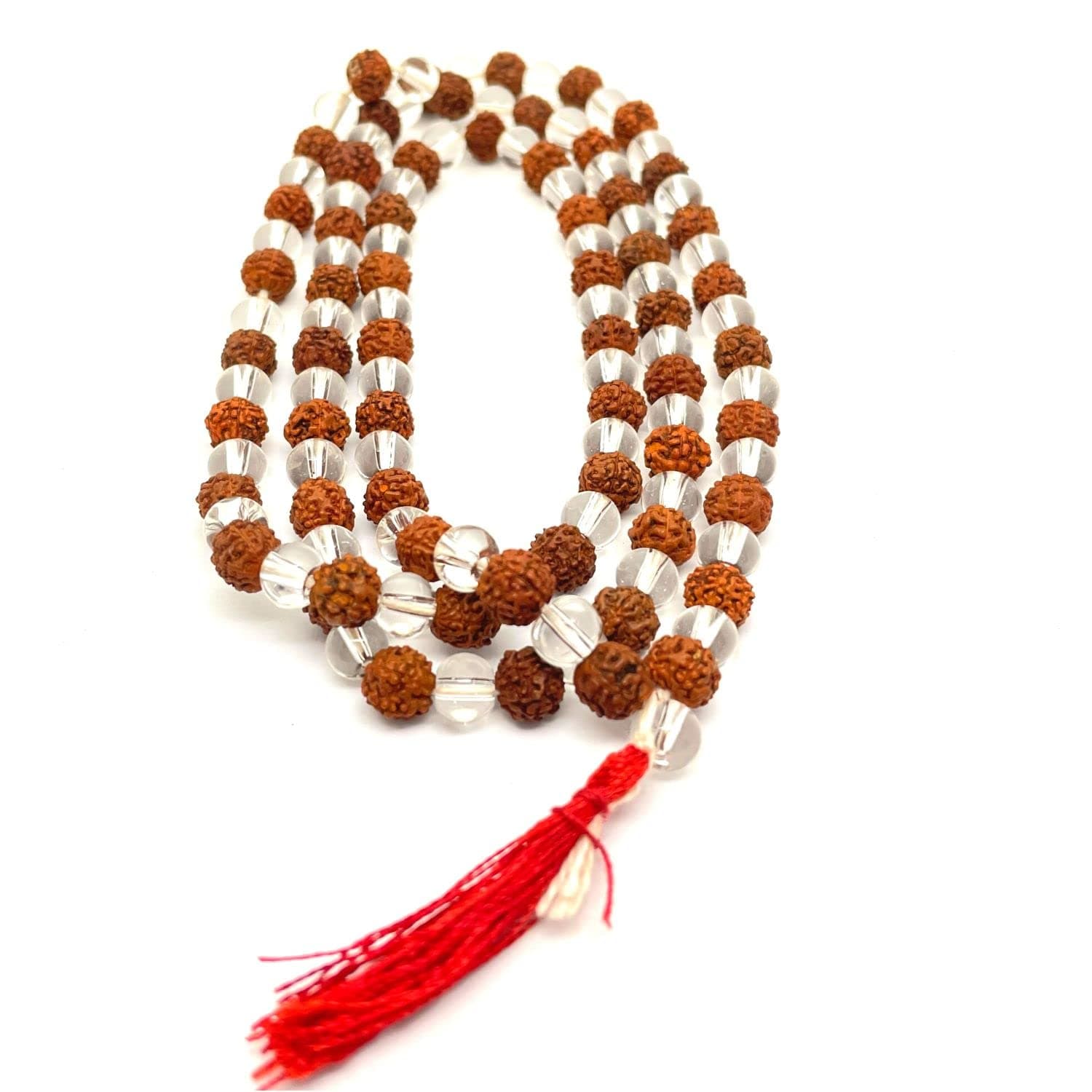 NAISHA Rudraksha & Crystal Sphatik Mala 108 +1 Beads Necklace, Natural 5 Faced Himalaya Rudraksh Prayer Bead, Wrist Wrap Jaap Mala, Size 7 mm (1 Pack)