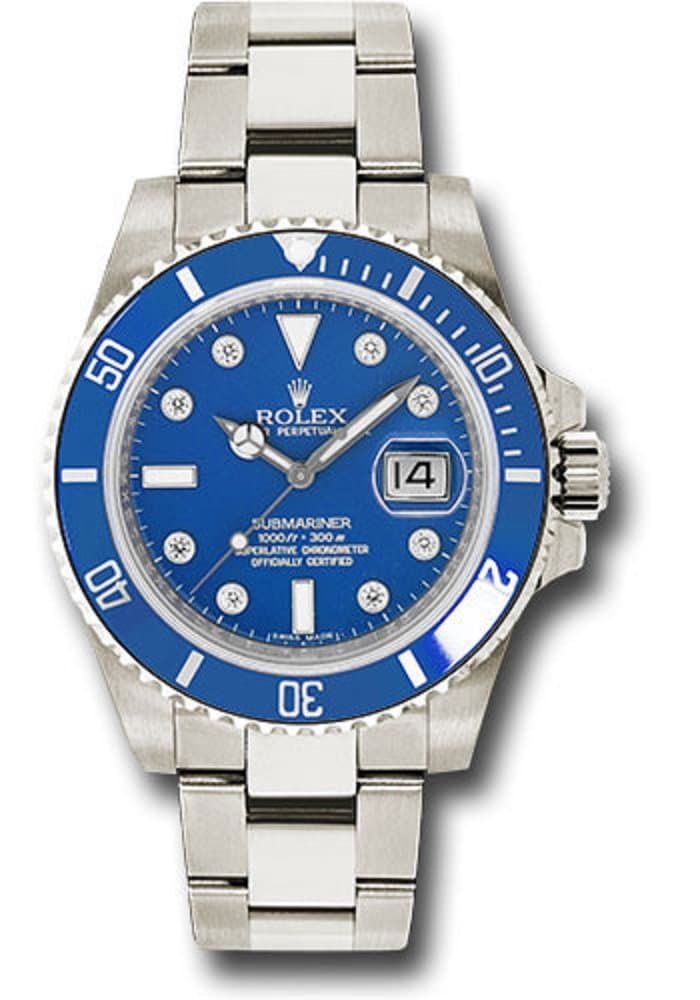Rolex Oyster Perpetual 40MM 18K White Gold Submariner Date Blue Time Lapse Cerachrom Bezel, Blue Dial, 8 Diamond Hour Markers, and Oyster Glidelock Bracelet.