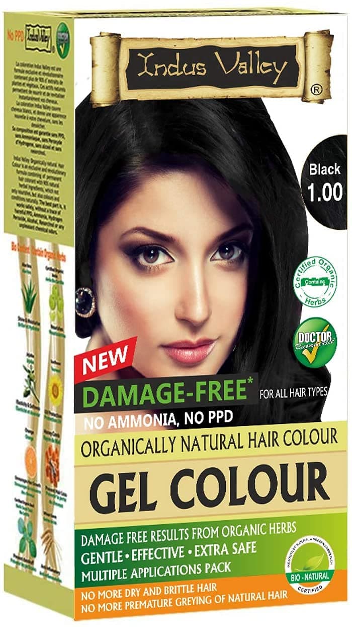 Indus Valley Damage Free Natural Gel Hair Colour for Women | Ammonia & PPD Free Organic Hair Colour with 100% Grey Coverage, Long Lasting Conditioning Hair Color | Black 1.00-220 ml