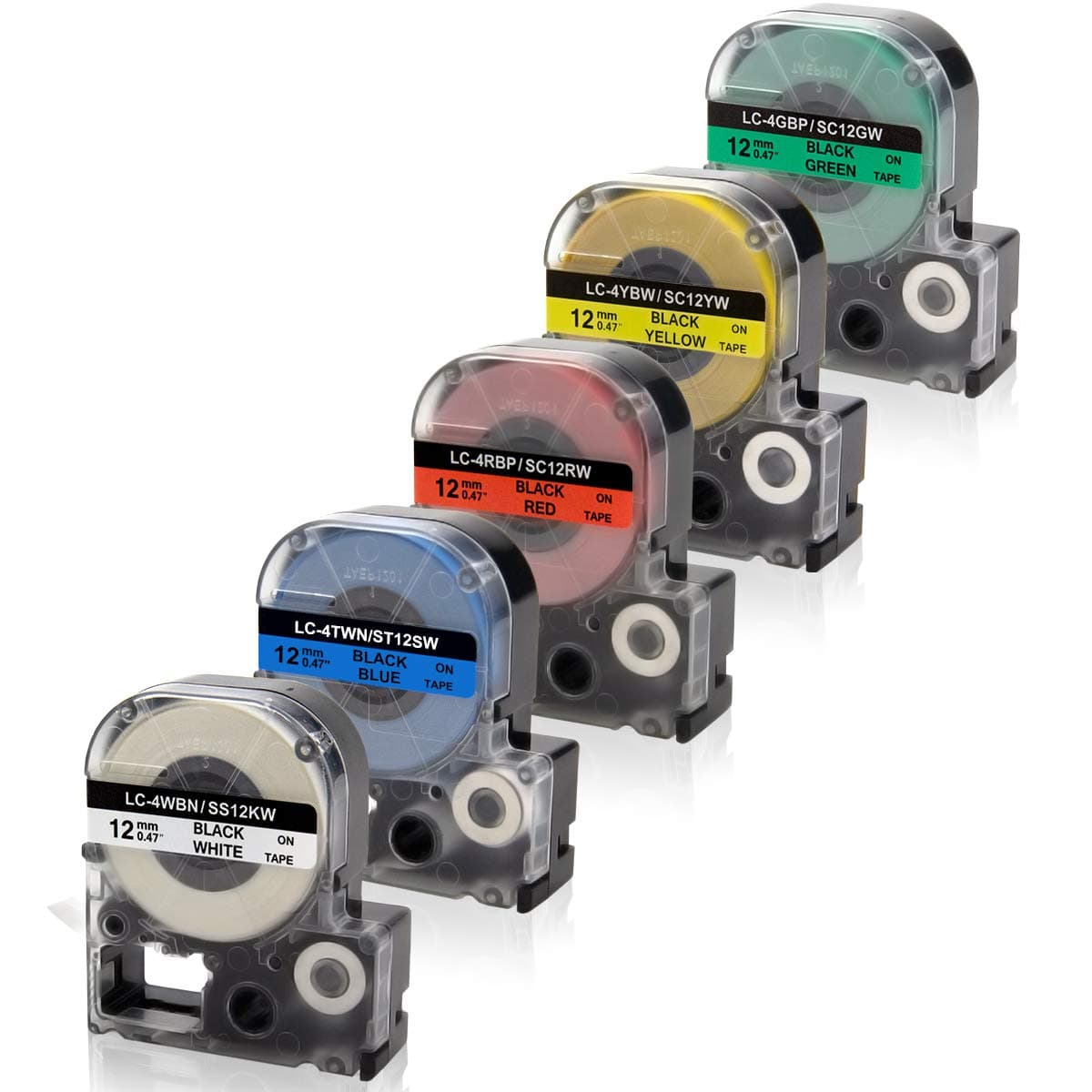 Absonic Compatible Label Tape Replacement for LK-4WBN LK-4LBP LK-4RBP LK-4YBW LK-4GBP Work for Epson LabelWorks LW-300 LW-400 LW-500 LW-600P LW-700 LW-K200PX Label Maker, 1/2" x 26', 12mm x 8m, 5-Pack