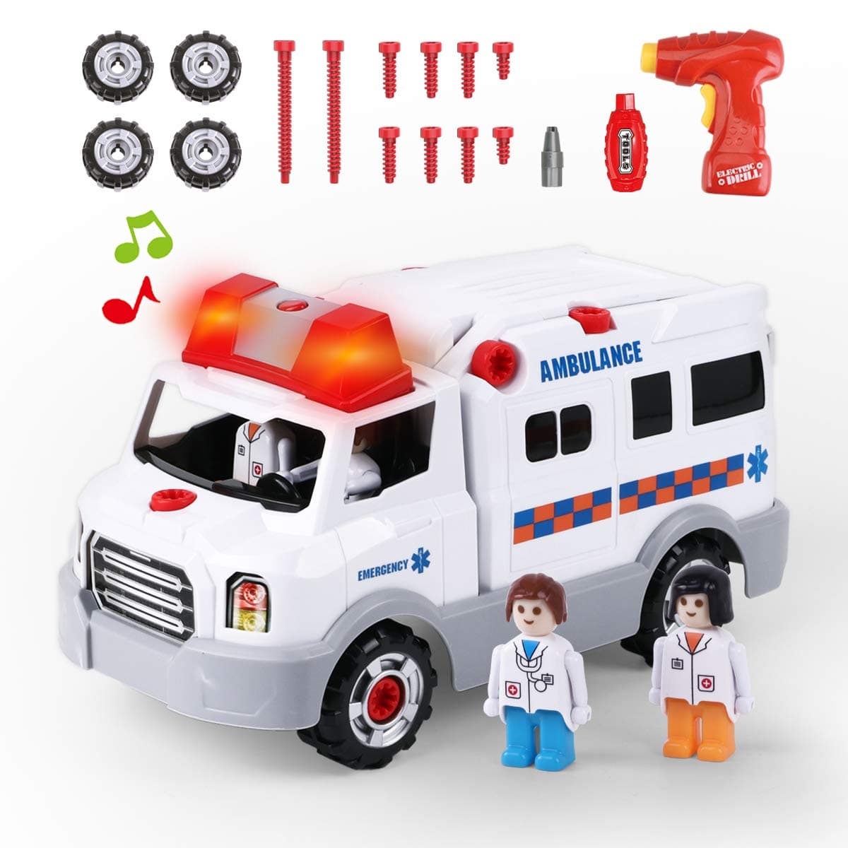 REMOKING Take Apart Ambulance Toy with Electric Drill, STEM Construction Build & Play Vehicle for Kids Ages 3+, Lights & Sounds Educational Toy, for Boys & Girls