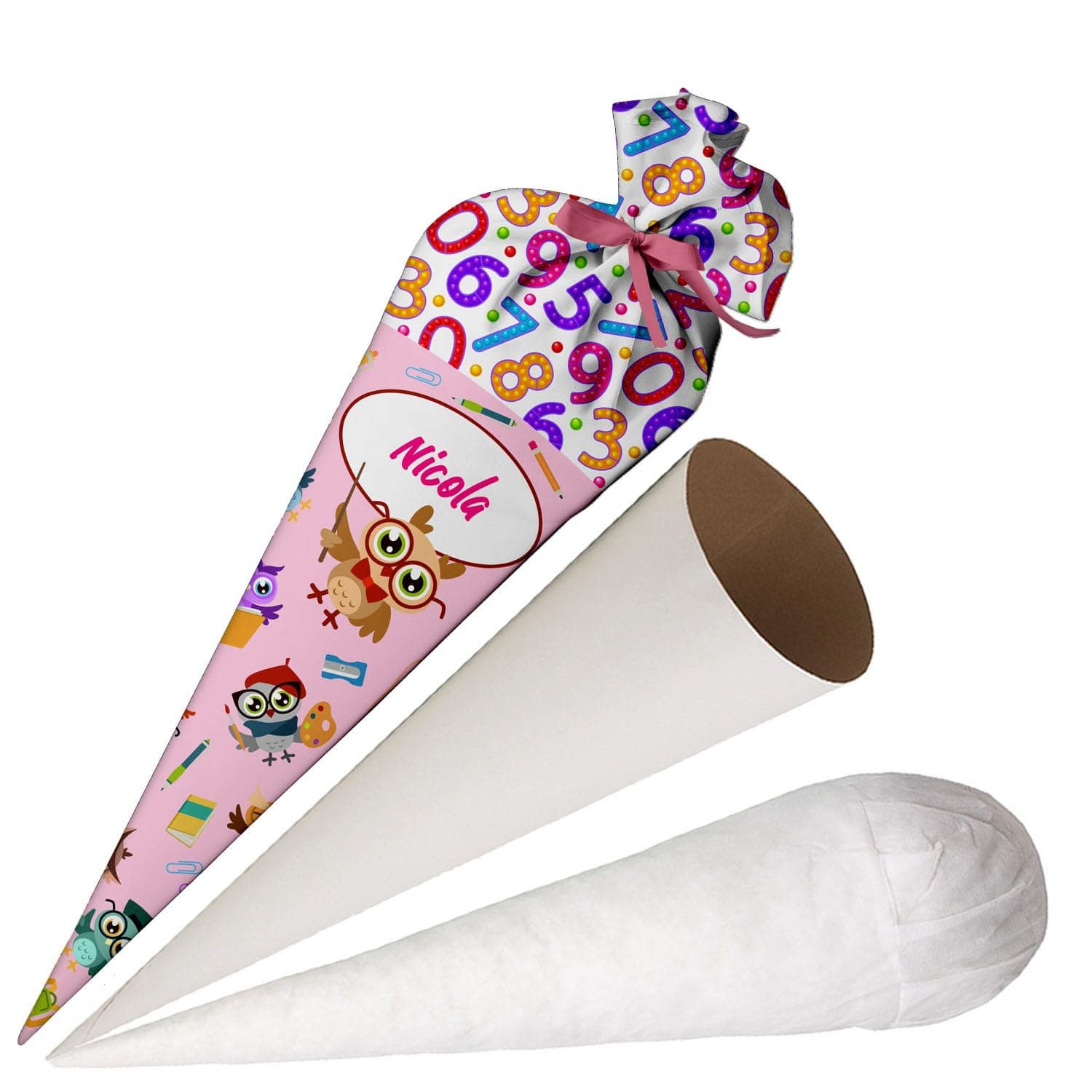 Ferocity School Cone Bag Owl with Name for Girls, Personalized Bag, 70 cm Fabric Sugar Bag with Round Cardboard Blank and Filling, Large Bag as a Pillow [149]