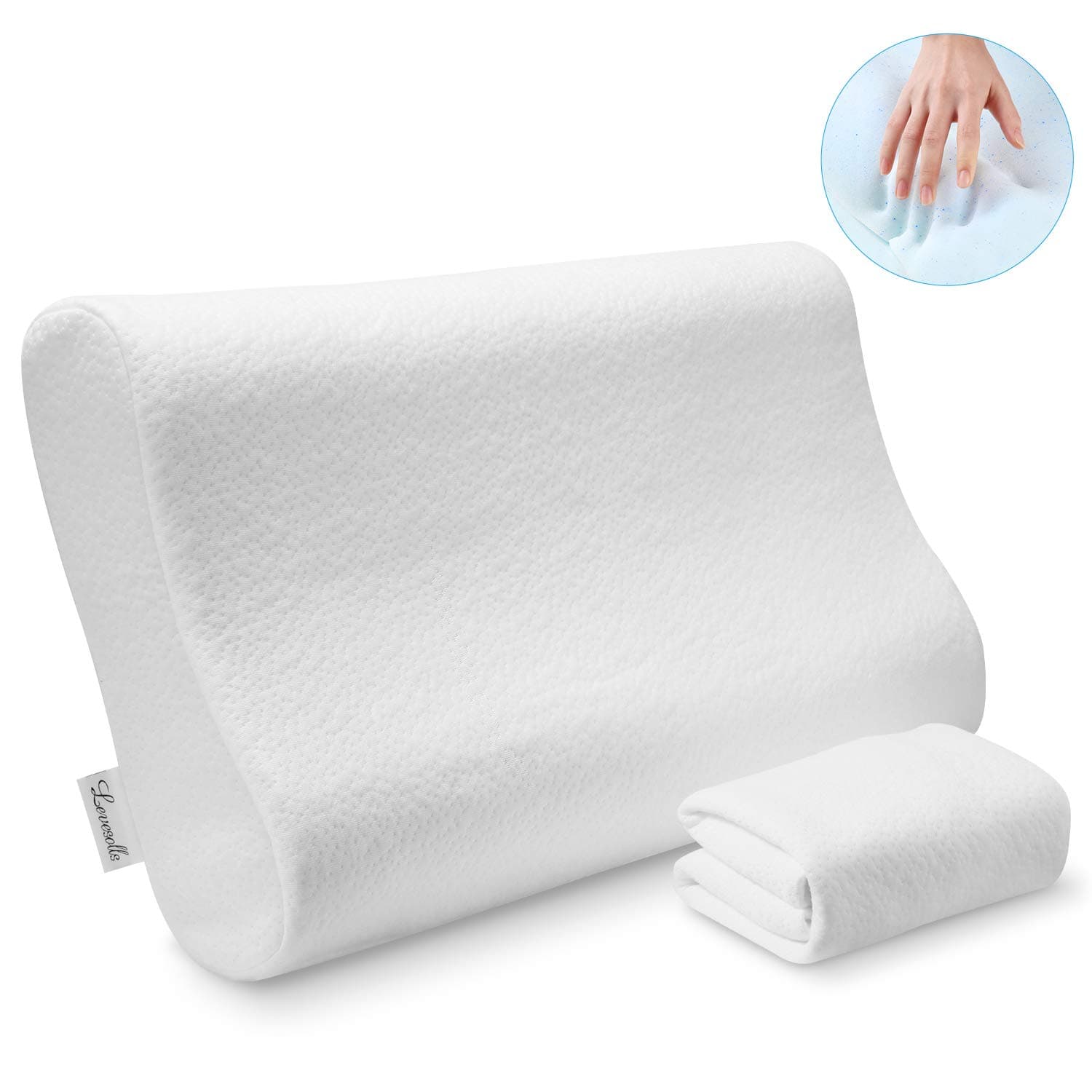 Levesolls Gel Memory Foam Pillow Contour Pillow Support for Back, Stomach, Side Sleepers,Washable Cover, Standard Size, Bonus 2 Pillowcase