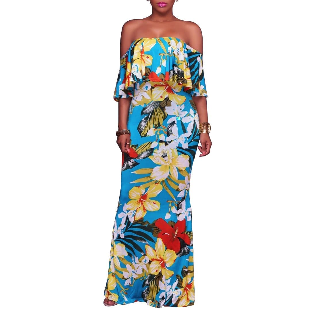 Synker Women's Floral Print Off Shoulder Ruffle Party Long Maxi Dress Blue
