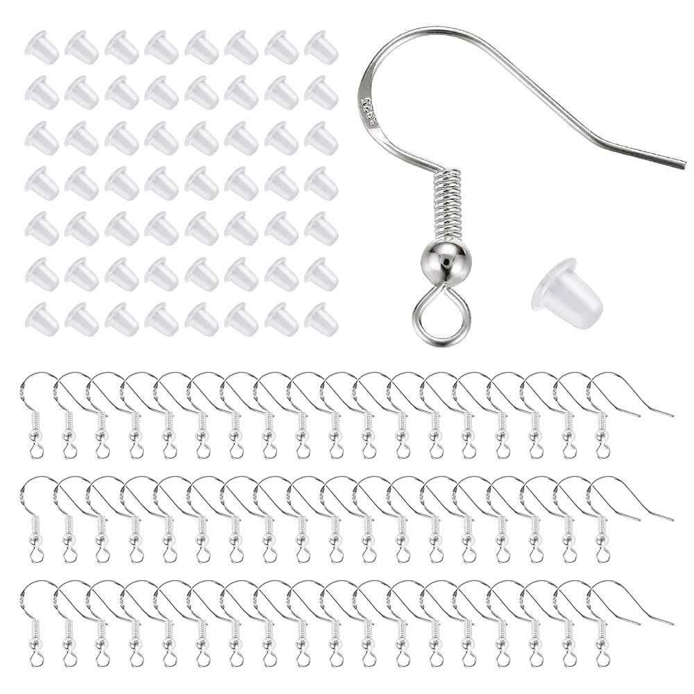 925 Sterling Silver Hypoallergenic Earring Hooks 100 Pairs for Jewelry Making, Fish Hook Earrings Making Kit, DIY Earring Findings Jewelry Making Supplies, with 200 PCS Earring Backs，Christmas Gifts