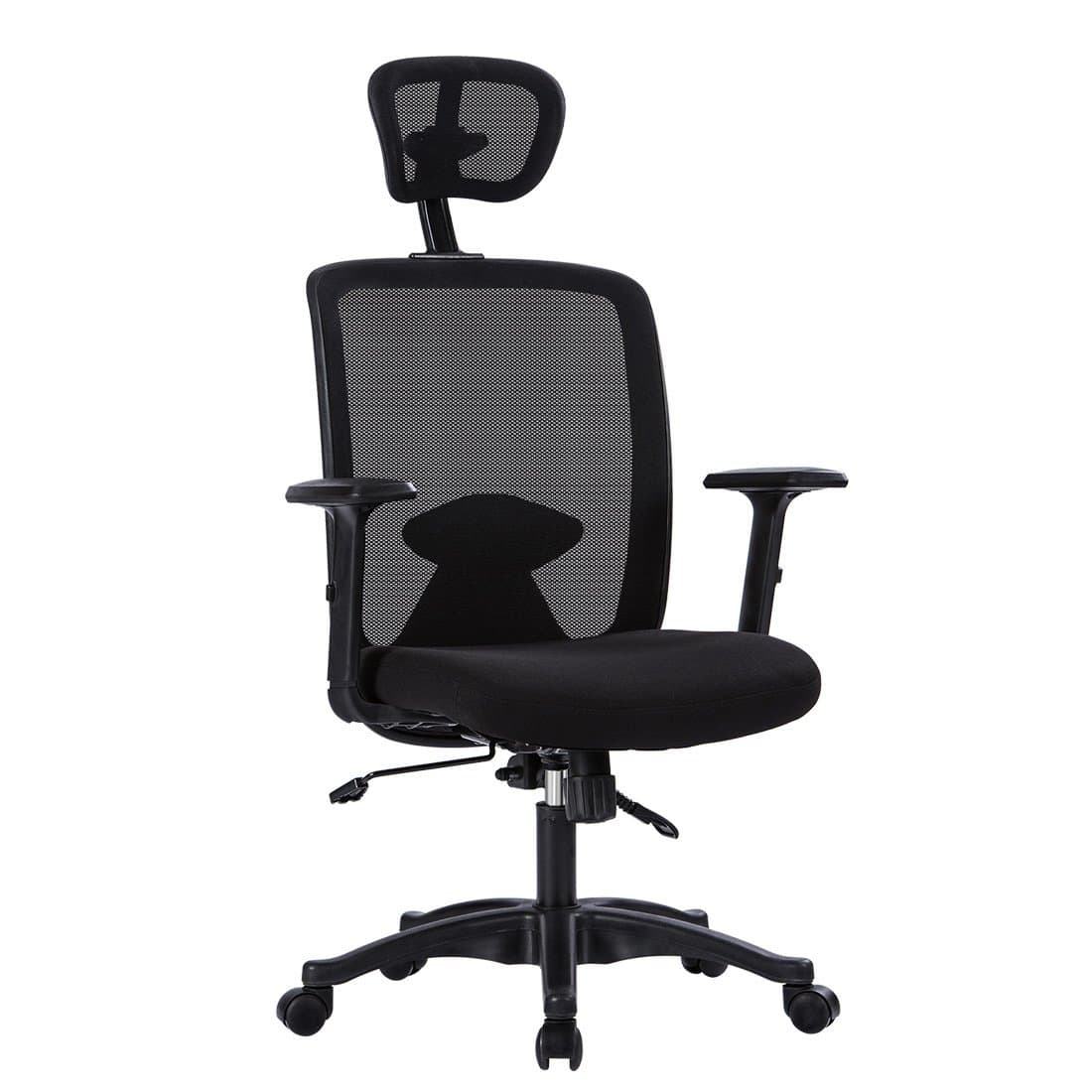 LONGEM High Back Mesh Office Chair - Ergonomic Computer Desk Task Executive Chair with Adjustable PU Armrests and Headrest,Lean Back Lock Mechanism,Adjustable Back Lumbar Support,Black