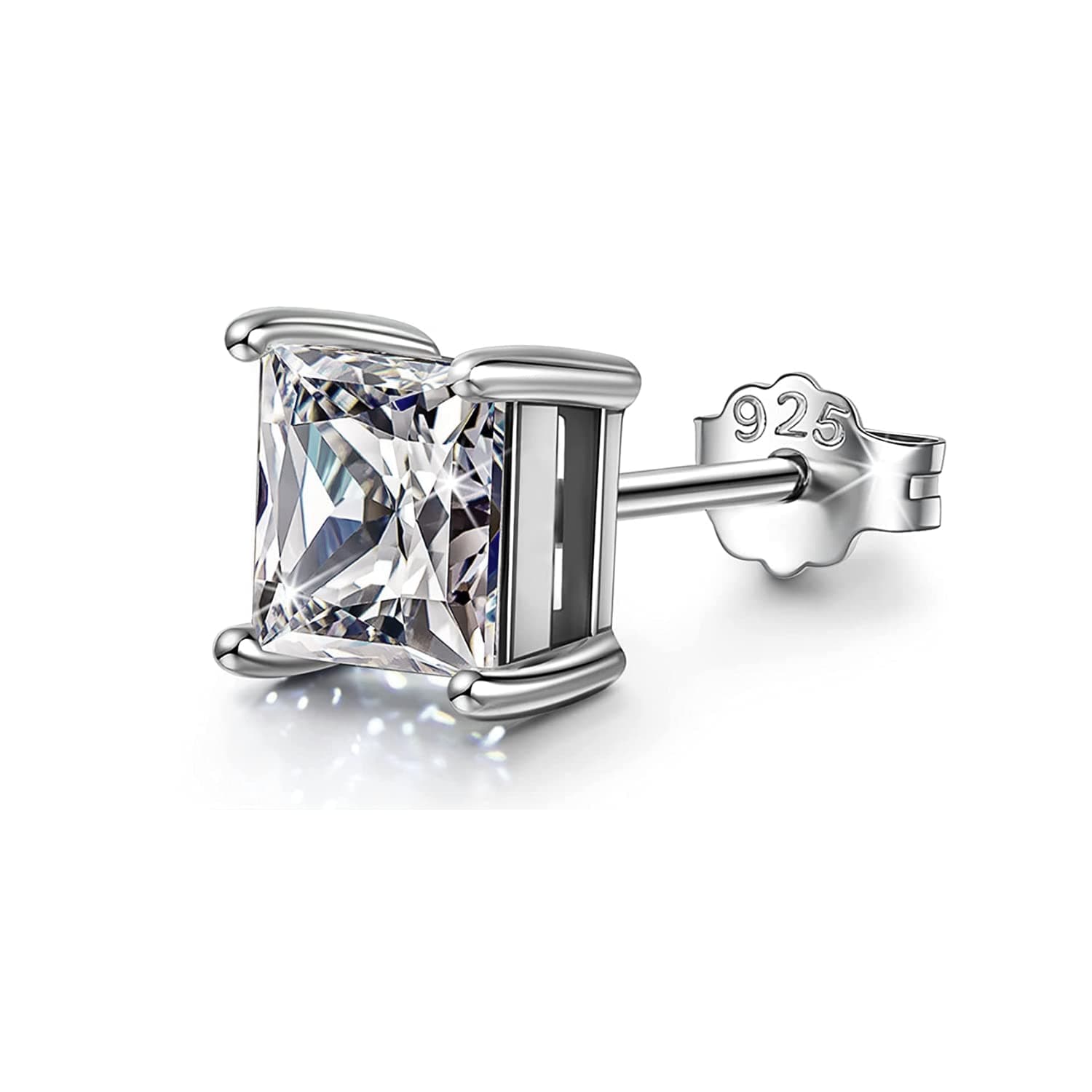 HIGHSPARK 925 Silver Men's Square Solitaire Stud Earring | 92.5 Sterling Silver and Diamond like Brilliance Sparkling Zirconia | Single Stud for Men | Lovely Gift