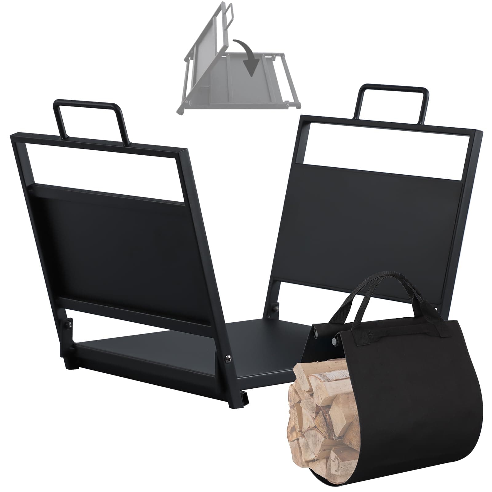 FEED GARDEN18 Inch Small Firewood Rack Indoor with Canvas Log Carrier, Firewood Holder for Outdoor Wood Storage,Heavy Duty Iron Fireplace Log Holder, Black