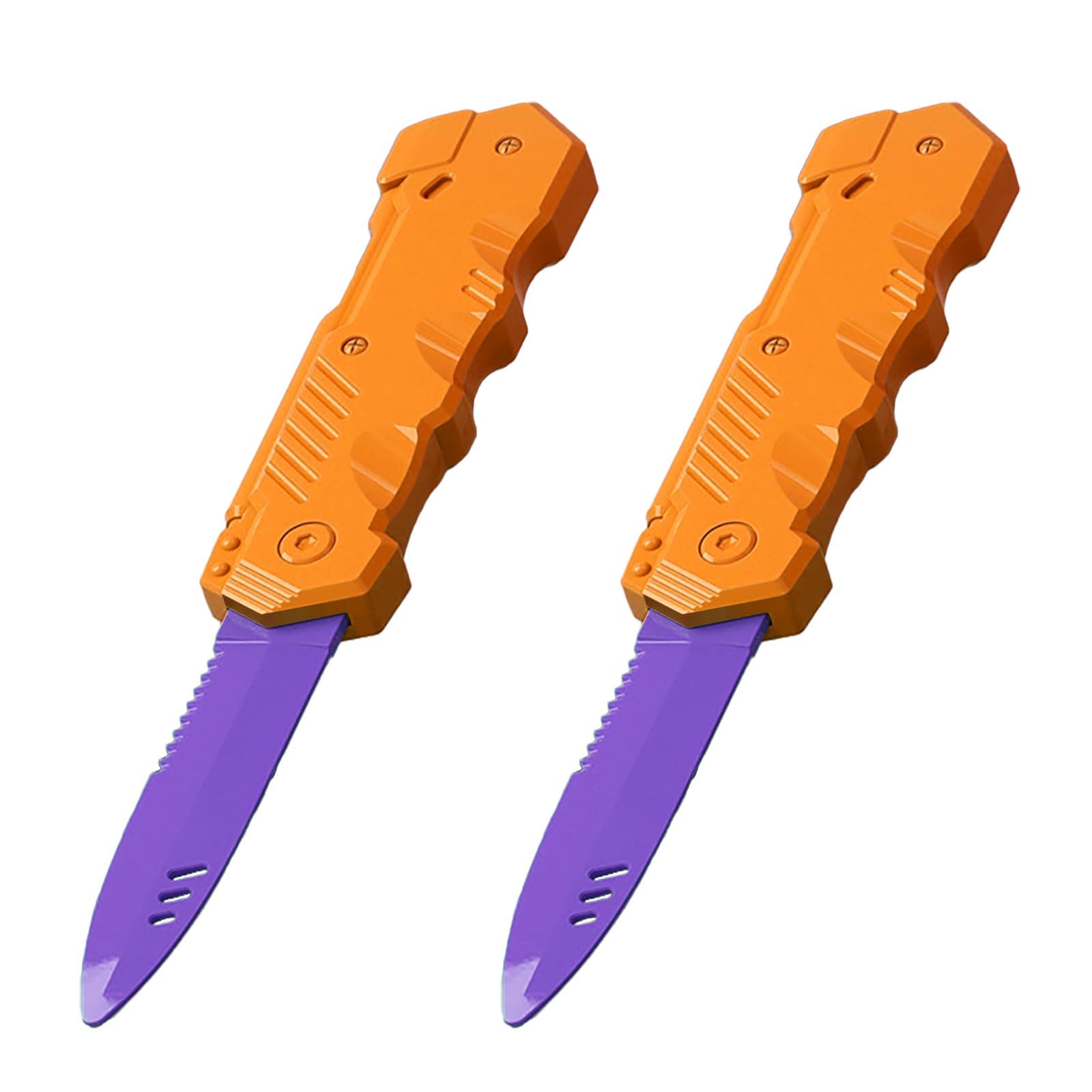Retractable Plastic Toy Knives - 2 Pack - Safe and Fun for Kids and Adults - Great for Halloween, Cosplay, Magic Tricks and More - Orange Handle Purple Blade