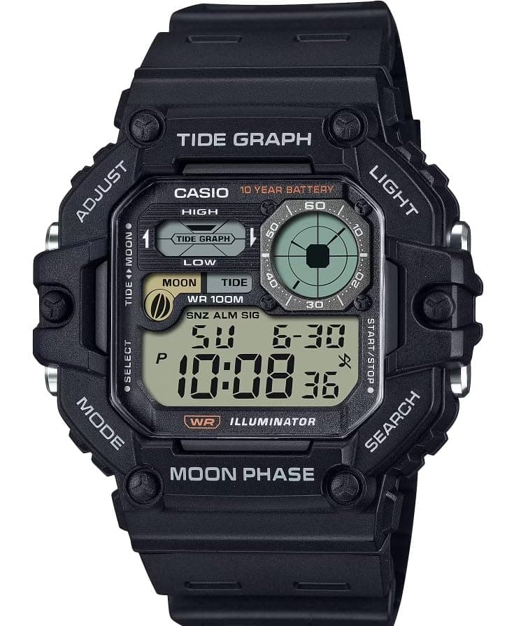 Casio Illuminator Tide Graph Moon Phase 10 Year Battery Digital Watch WS-1700H-1AV, Black, Modern, Black, Modern