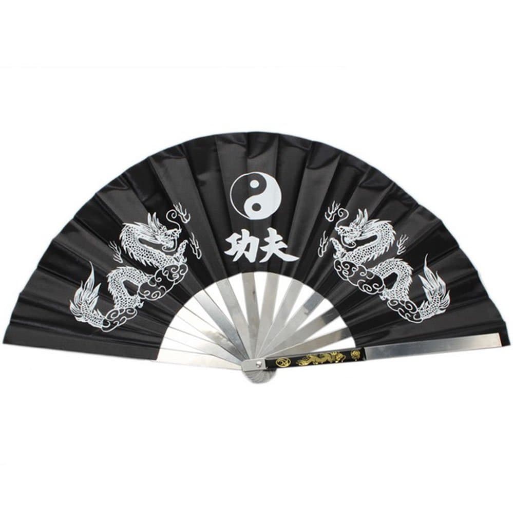 Chinese Dragon Stainless Steel Frame Tai Chi Martial Arts Kung Fu Fan Black