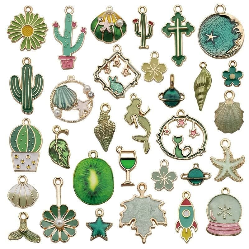 1 Set 31pcs DIY Mixed Assorted Gold Plated Enamel Charm Unicorn Flower Dress Fish Shell Moon Star Animals Pendant DIY for Necklace Bracelet Jewelry Making and Crafting Charms