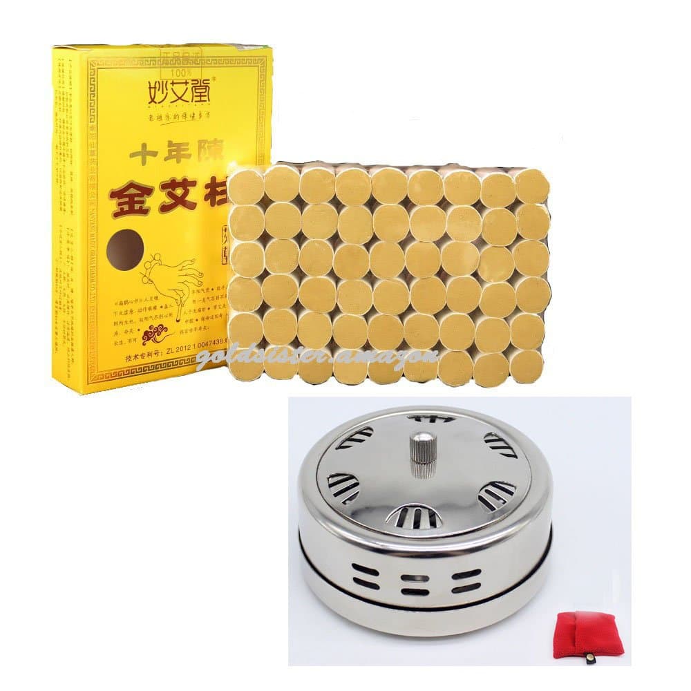 10-Years Purity 60:1 Ratio 54 Rolls Sticks Pure Moxibustion + 1 Stainless Steel Portable Smokeless Mugwort Moxibustion Moxa Box Round Shape Burner Set X'mas Gift [HRUS]
