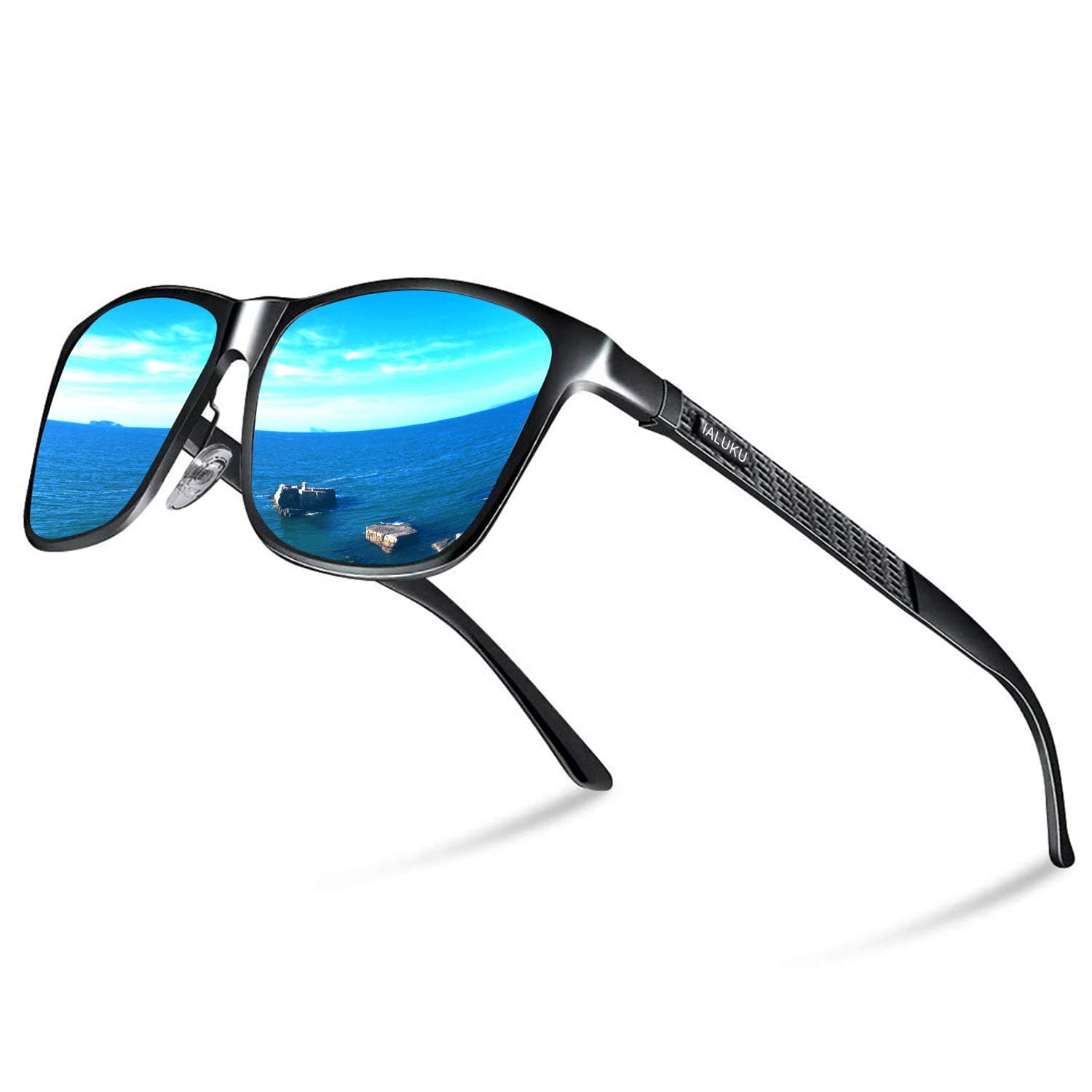 IALUKU Retro Driving Polarized Sunglasses for Men Square Metal Frame UV Protection (Black/Blue, 61)