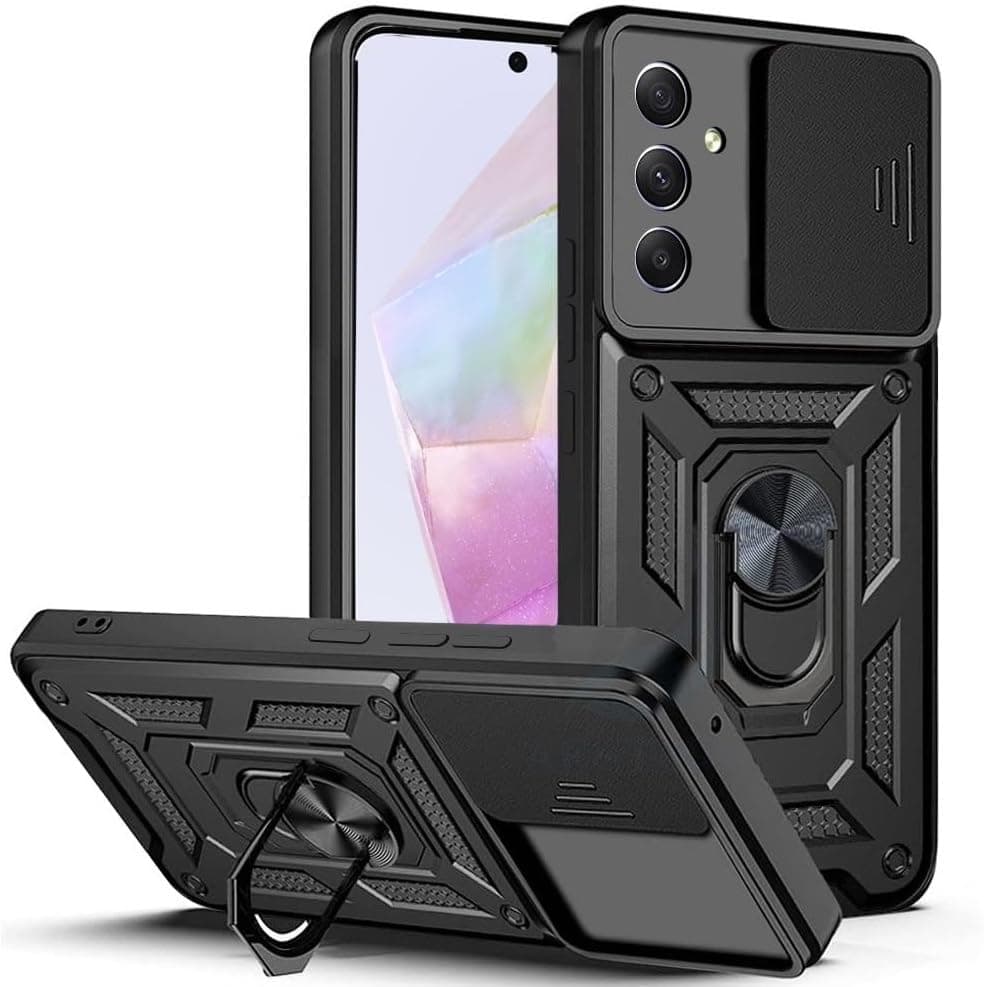 Designerz hub® Samsung Galaxy A16 5G / M16 5G / F16 5G Back Cover | Heavy Duty Hybrid Case with 360 Degree Rotating Finger Ring Holder + Slider Shutter Camera Protection Case - Black