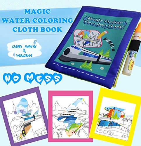 EZGOshop Water Coloring Painting Drawing Doodle Books for Toddlers Paint with Water Magic Water Activity Cloth Books with Water Pen (Vehicle)