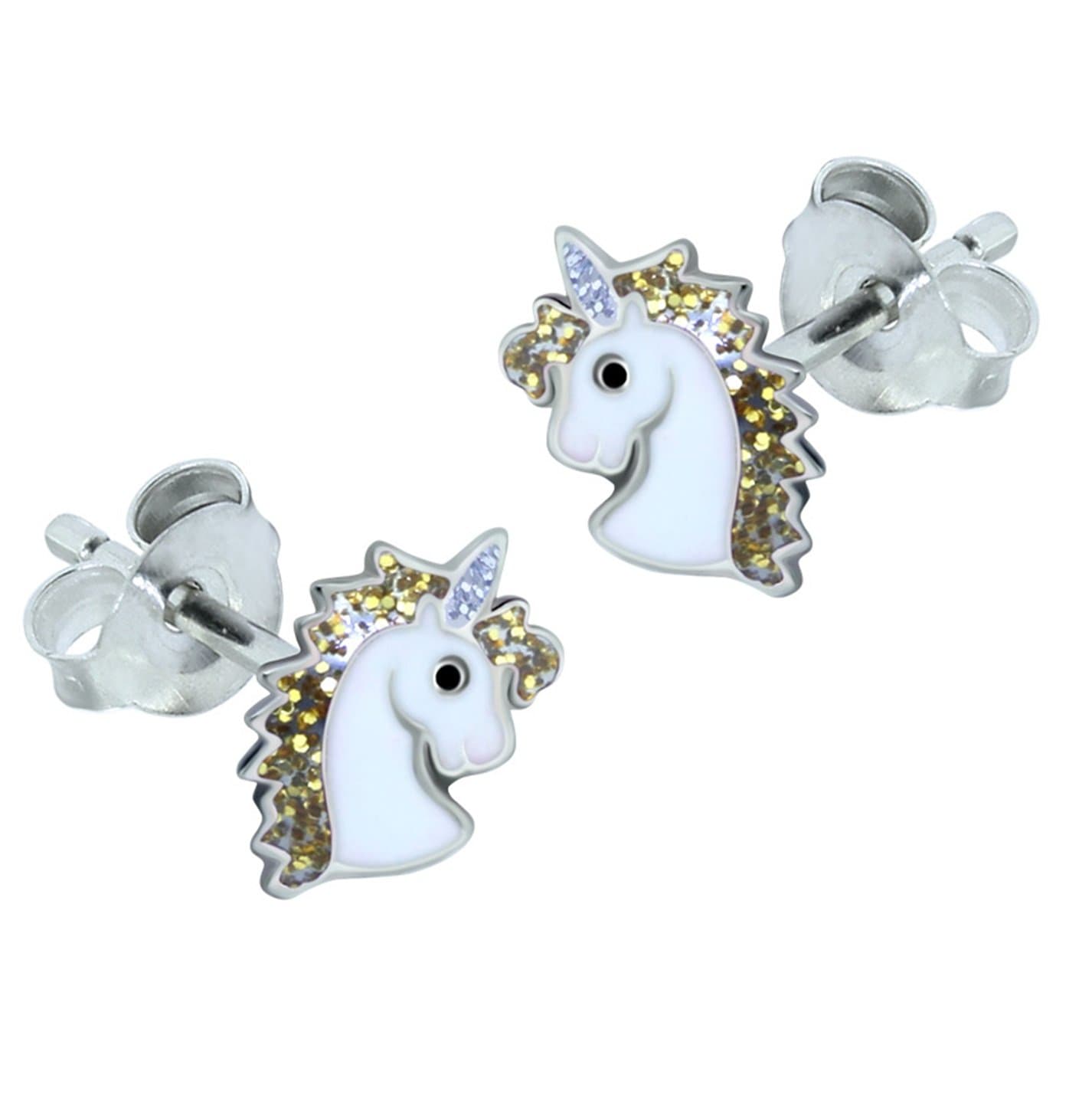 Unicorn Earrings with Gold Glitter Effect - 925 Sterling Silver