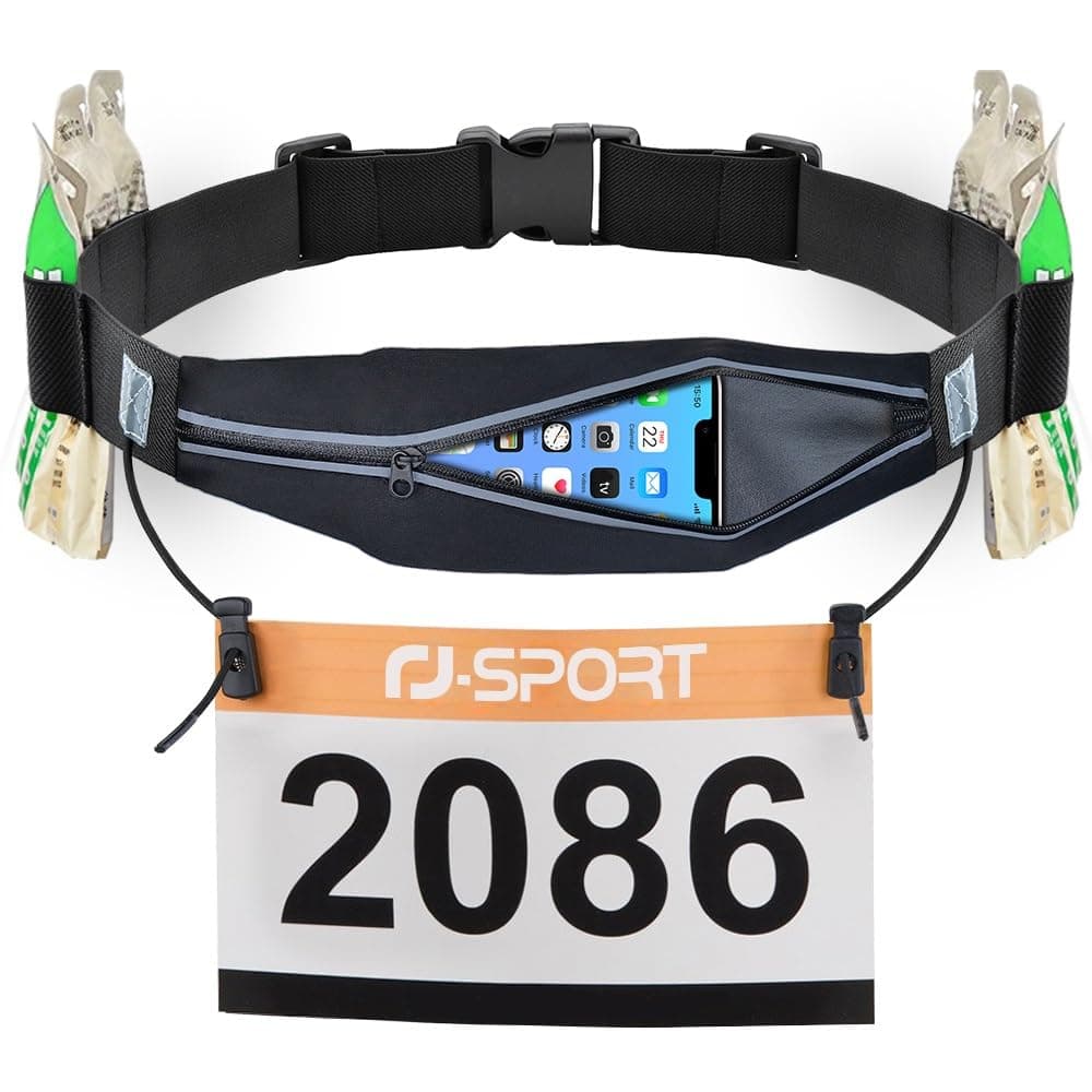 Running Belt - Waterproof Sports Waist Bag, Triathlon Race Number Strap, Running Belt with Bum Bag & Adjustable Elastic Band & Number Holder & 6 Gel Loops