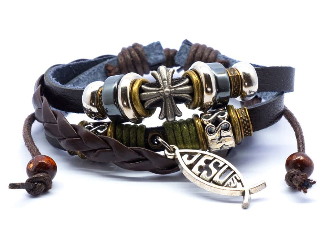 SisFrog Layered Leather Bracelet Vintage Adjustable Handcraft Dangling Jesus Christ Cross Fish Leather Bracelet, Birthday, Easter Gifts, Baptism Gifts for Women, Men (Brown)