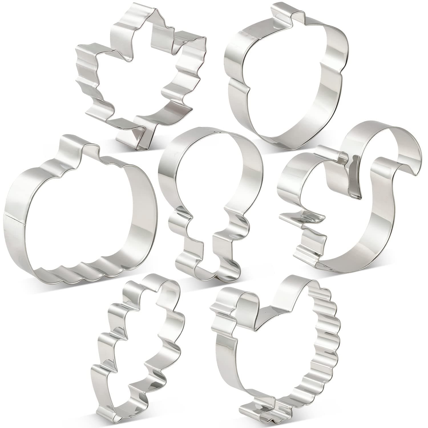 KENIAO Autumn Thanksgiving Cookie Cutter Set - 7 Piece - Pumpkin, Turkey, Turkey Leg, Maple Leaf, Oak Leaf, Squirrel and Acorn Fondant Biscuit Cutters - Stainless Steel