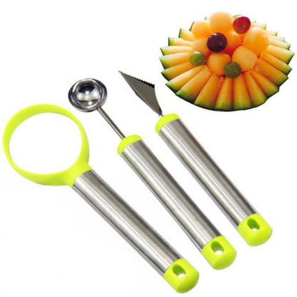 3 Pcs/Set Stainless Steel Melon Baller Scoop Fruit Spoon Ice Cream Dessert Engraving Flower Carving Knife Scoop Kitchen Tool