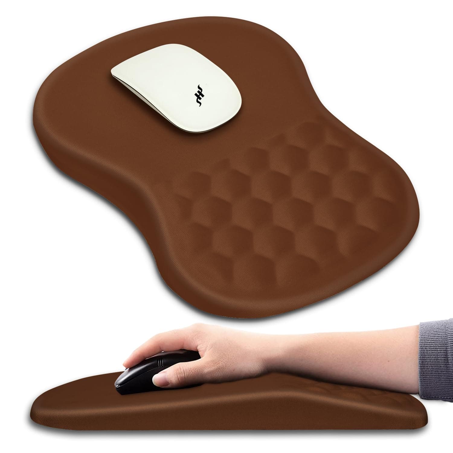 Hokafenle Ergonomic Mouse Pad Wrist Support with Massage Design, Wrist Rest Pain Relief Mousepad with Memory Foam&Non-Slip PU Base, Mouse Pads for Wireless Mouse & Desk (12x8 inch,Brown)