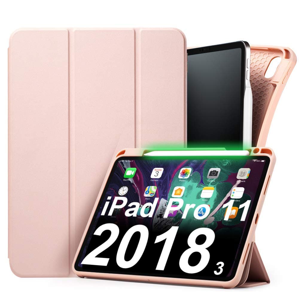 Aunote Case for iPad Pro 11 inch 2018, Ultra Slim Smart Cover with Apple Pencil Charging Holder, Auto Wake/Sleep, Trifold Support Stand. Lightweight PU Leather Folio, Full Body Protective. Rose Gold