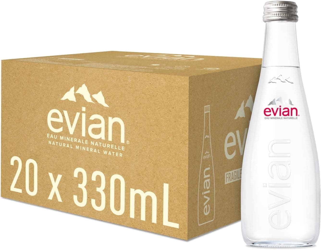 Evian Mineral Water, Naturally Filtered Drinking Water, 330ml Bottled Water Crafted by Nature, Case of 20 x 330ml Glass Water Bottles