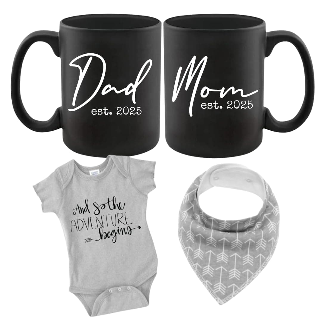 Pregnancy Gift Est 2025 - New Mommy and Daddy Est 2025 11 oz Mug Heart Set with "And So The Adventure Begin" Romper (0-3 Months) Top Mom and Dad Gift Set for New and Expecting Parents to Be